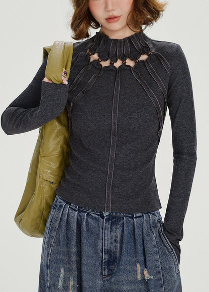 Boho Grey Stand Collar Hollow Out Cotton Tops Fall