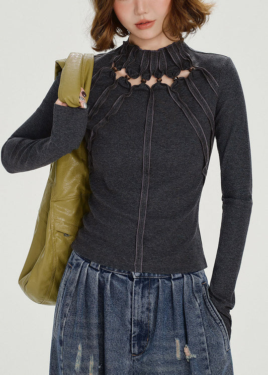 Boho Grey Stand Collar Hollow Out Cotton Tops Fall