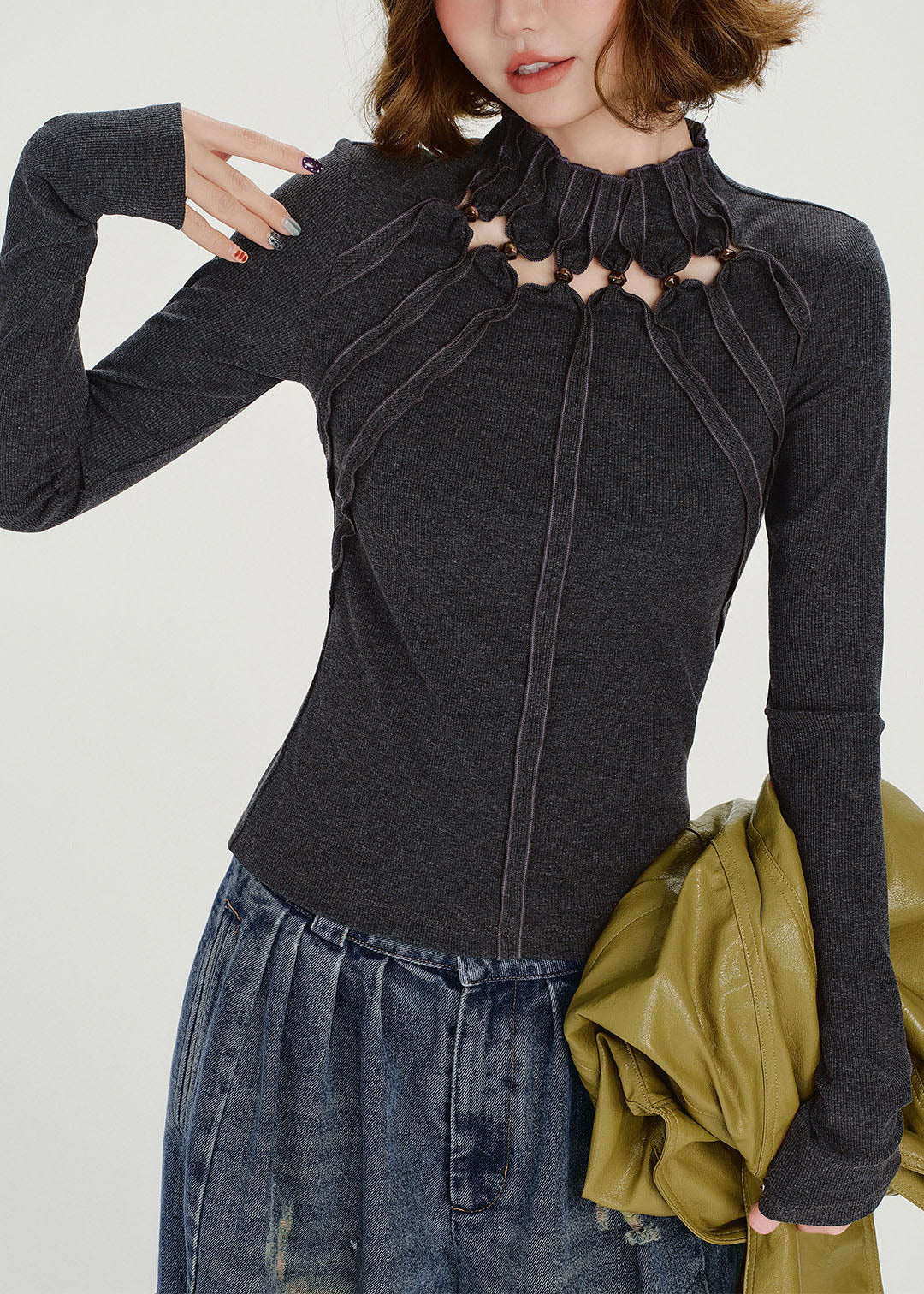 Boho Grey Stand Collar Hollow Out Cotton Tops Fall