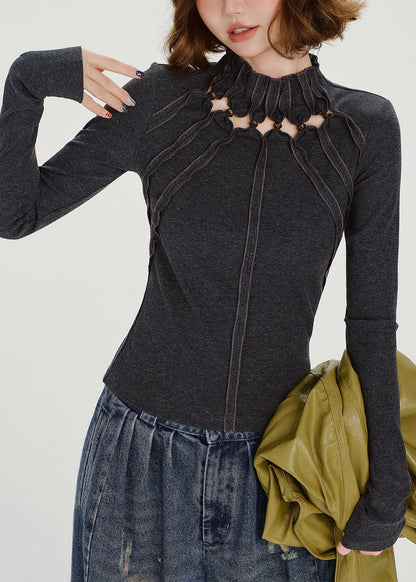 Boho Grey Stand Collar Hollow Out Cotton Tops Fall