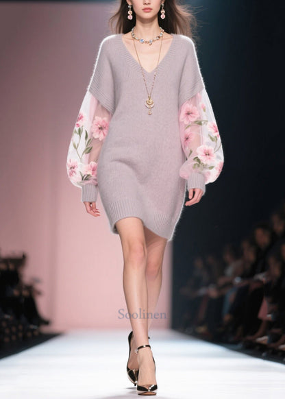 Boho Grey V Neck Patchwork Tulle Knit Dress Winter