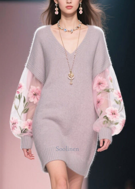 Boho Grey V Neck Patchwork Tulle Knit Dress Winter