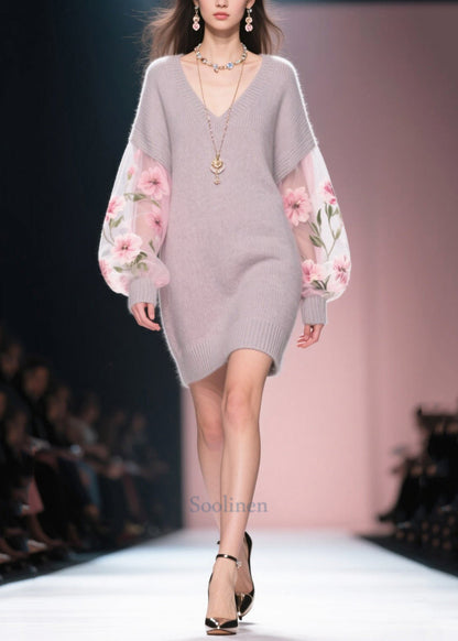 Boho Grey V Neck Patchwork Tulle Knit Dress Winter