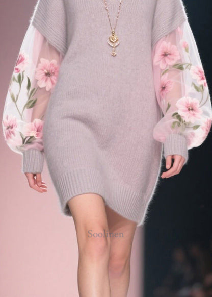 Boho Grey V Neck Patchwork Tulle Knit Dress Winter