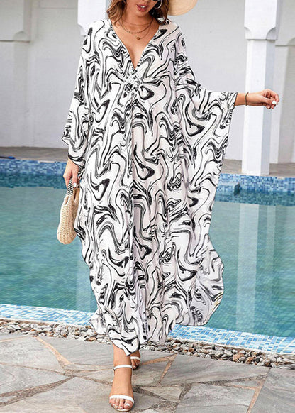 Boho Grey V Neck Print Side Open Maxi Dresses Fall