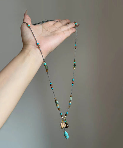 Boho Imitation Turquoise Beaded Braided Cord Lariat Necklace