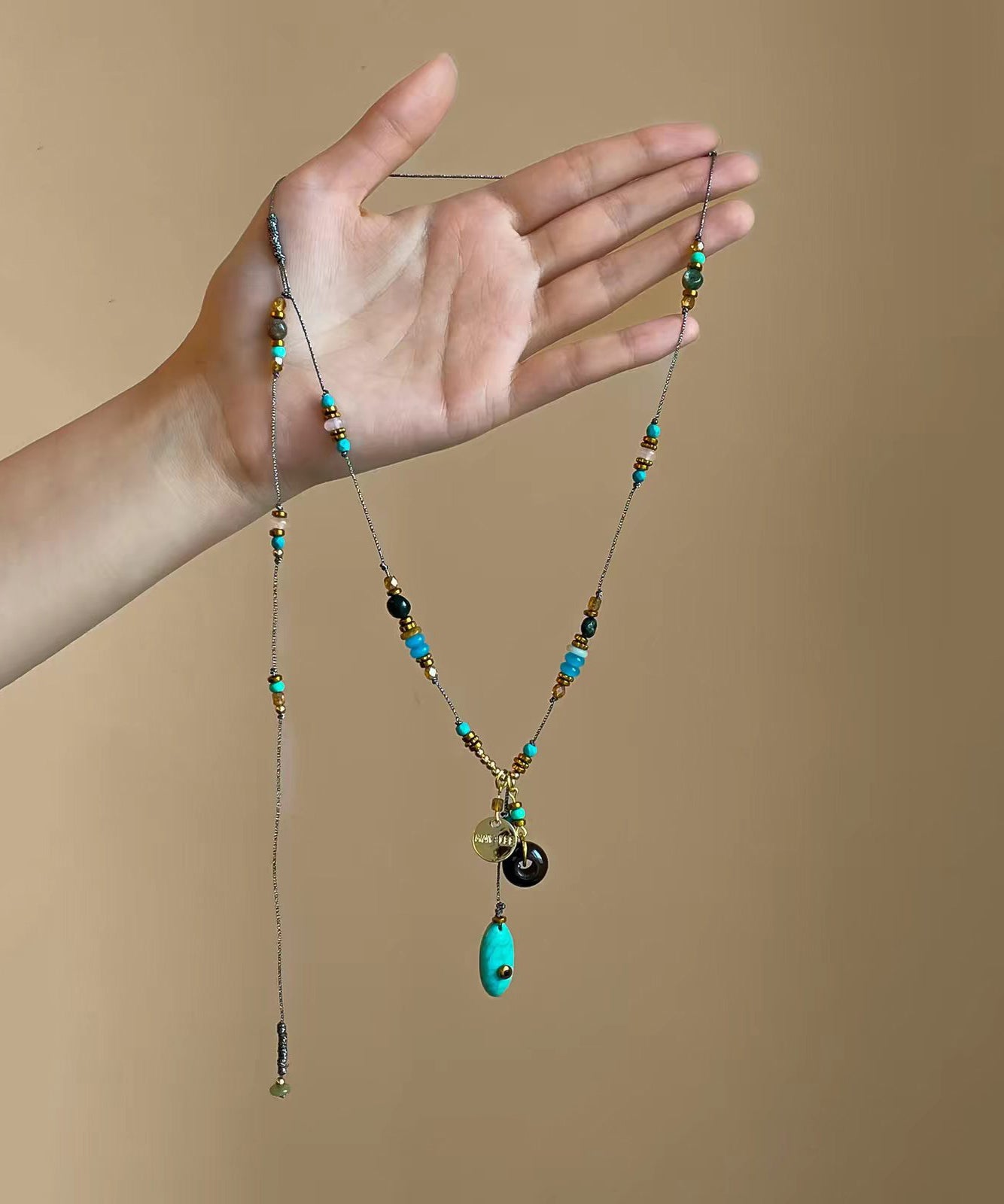 Boho Imitation Turquoise Beaded Braided Cord Lariat Necklace