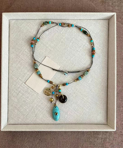 Boho Imitation Turquoise Beaded Braided Cord Lariat Necklace