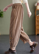 Load image into Gallery viewer, Boho Khaki Embroidered Patchwork Lace Warm Fleece Corduroy Crop Pants Spring