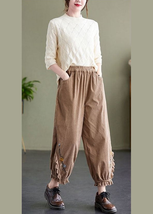 Boho Khaki Embroidered Patchwork Lace Warm Fleece Corduroy Crop Pants Spring