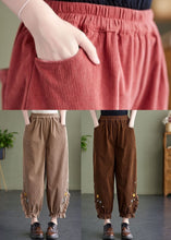 Load image into Gallery viewer, Boho Khaki Embroidered Patchwork Lace Warm Fleece Corduroy Crop Pants Spring