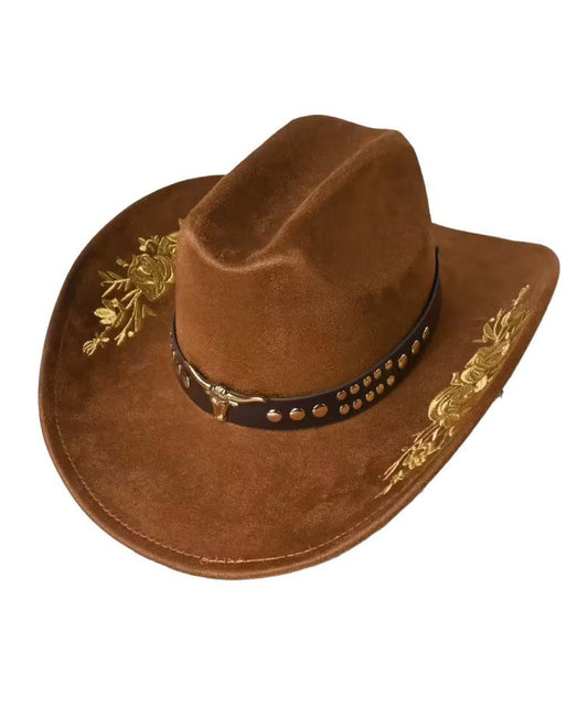 Boho Khaki Embroidery Rivet Woolen Cowboy Hat
