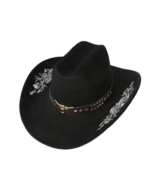 Boho Khaki Embroidery Rivet Woolen Cowboy Hat