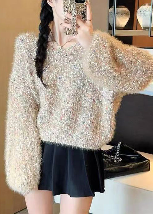 Boho Khaki Fuzzy Fur Fluffy Thick Knit Sweater Tops Winter