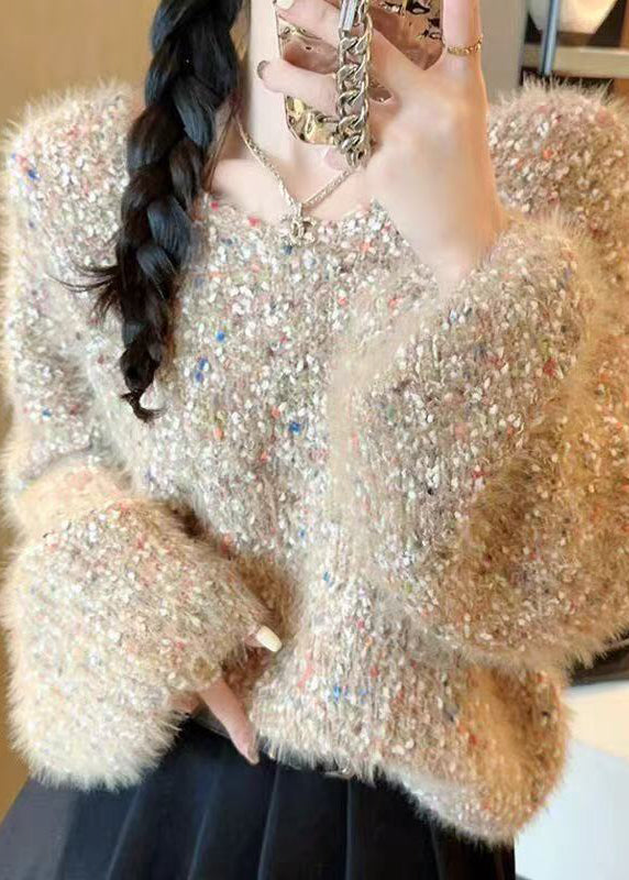 Boho Khaki Fuzzy Fur Fluffy Thick Knit Sweater Tops Winter