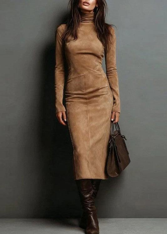 Boho Khaki Hign Neck Slim Fit Faux Suede Dresses Spring