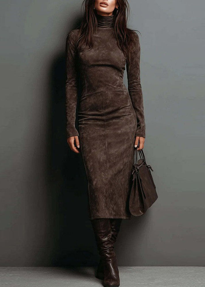 Boho Khaki Hign Neck Slim Fit Faux Suede Dresses Spring