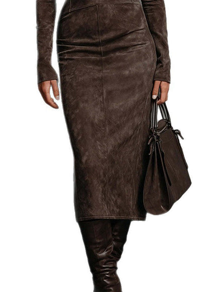 Boho Khaki Hign Neck Slim Fit Faux Suede Dresses Spring