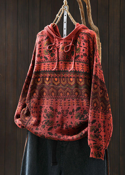 Boho Khaki Hooded Print Cotton Knit Sweater Tops Spring