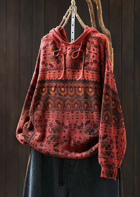 Boho Khaki Hooded Print Cotton Knit Sweater Tops Spring