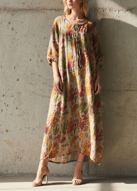 Boho Khaki Tie Neck Print Cotton Holiday Dress Summer