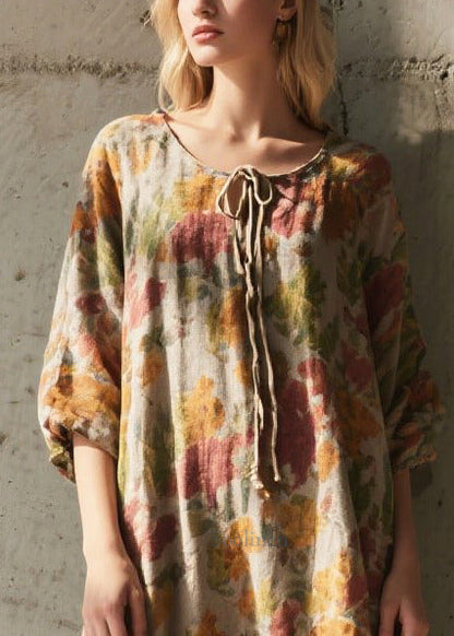Boho Khaki Tie Neck Print Cotton Holiday Dress Summer