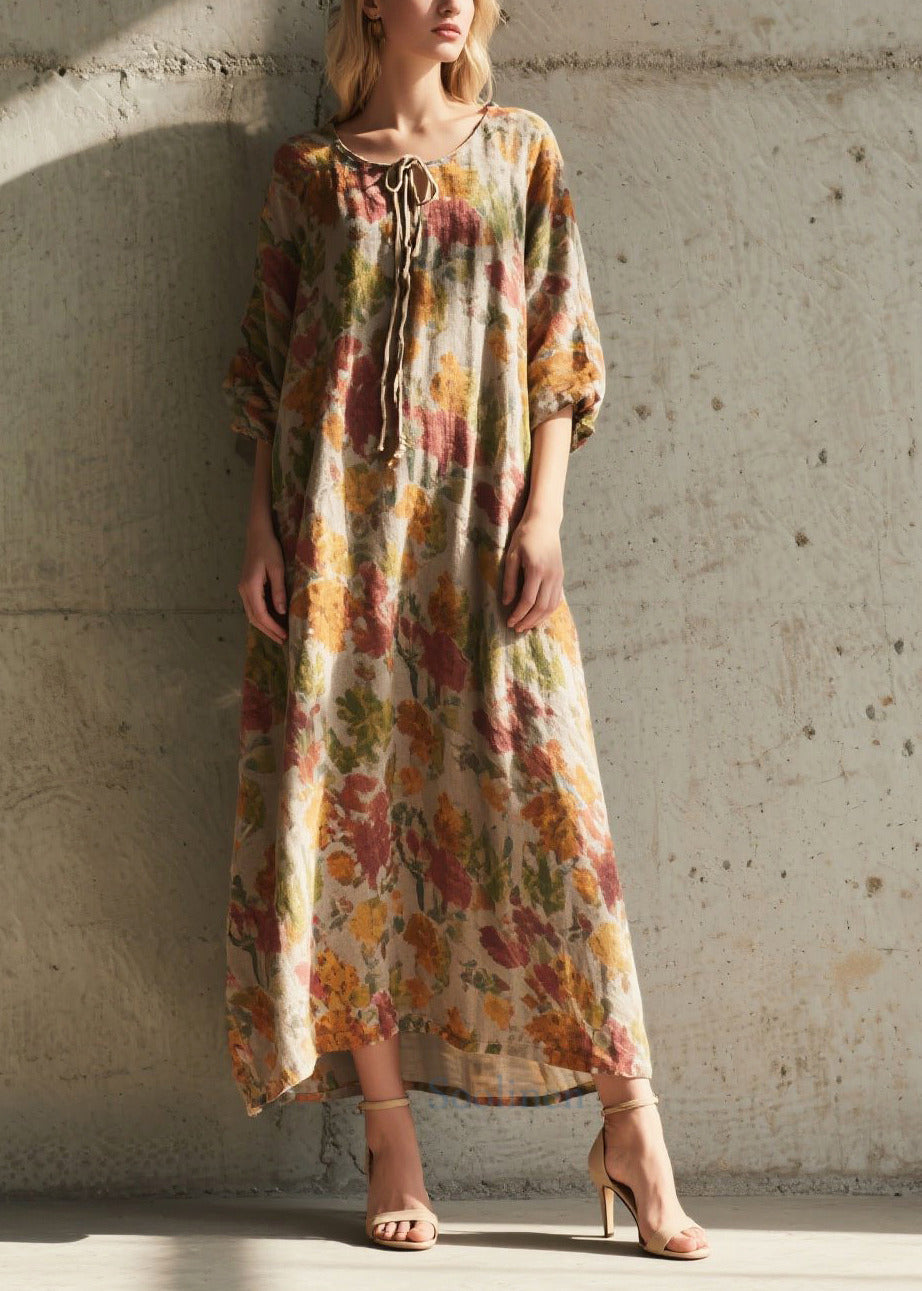 Boho Khaki Tie Neck Print Cotton Holiday Dress Summer