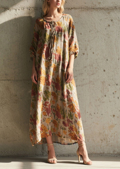 Boho Khaki Tie Neck Print Cotton Holiday Dress Summer