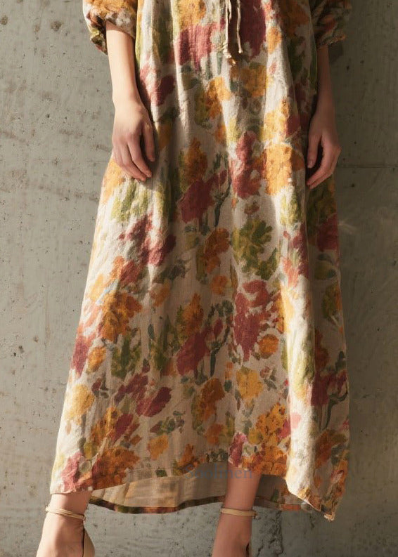 Boho Khaki Tie Neck Print Cotton Holiday Dress Summer