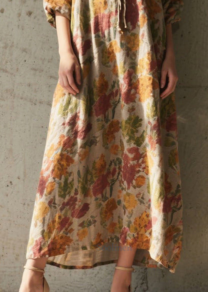 Boho Khaki Tie Neck Print Cotton Holiday Dress Summer