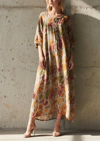 Boho Khaki Tie Neck Print Cotton Holiday Dress Summer