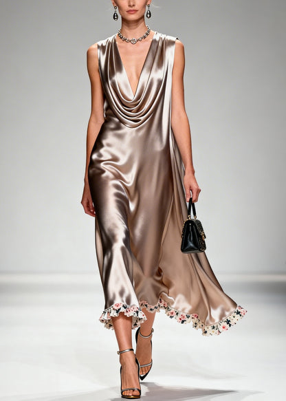 Boho Khaki Turtle Neck Floral Silk Long Dresses Summer