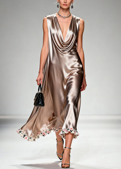 Boho Khaki Turtle Neck Floral Silk Long Dresses Summer