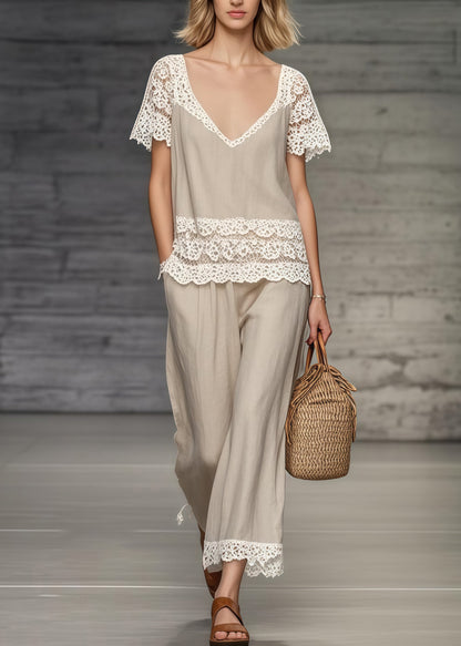 Boho Khaki V Neck Lace Patchwork Two Piece Set Women Clothing Summer