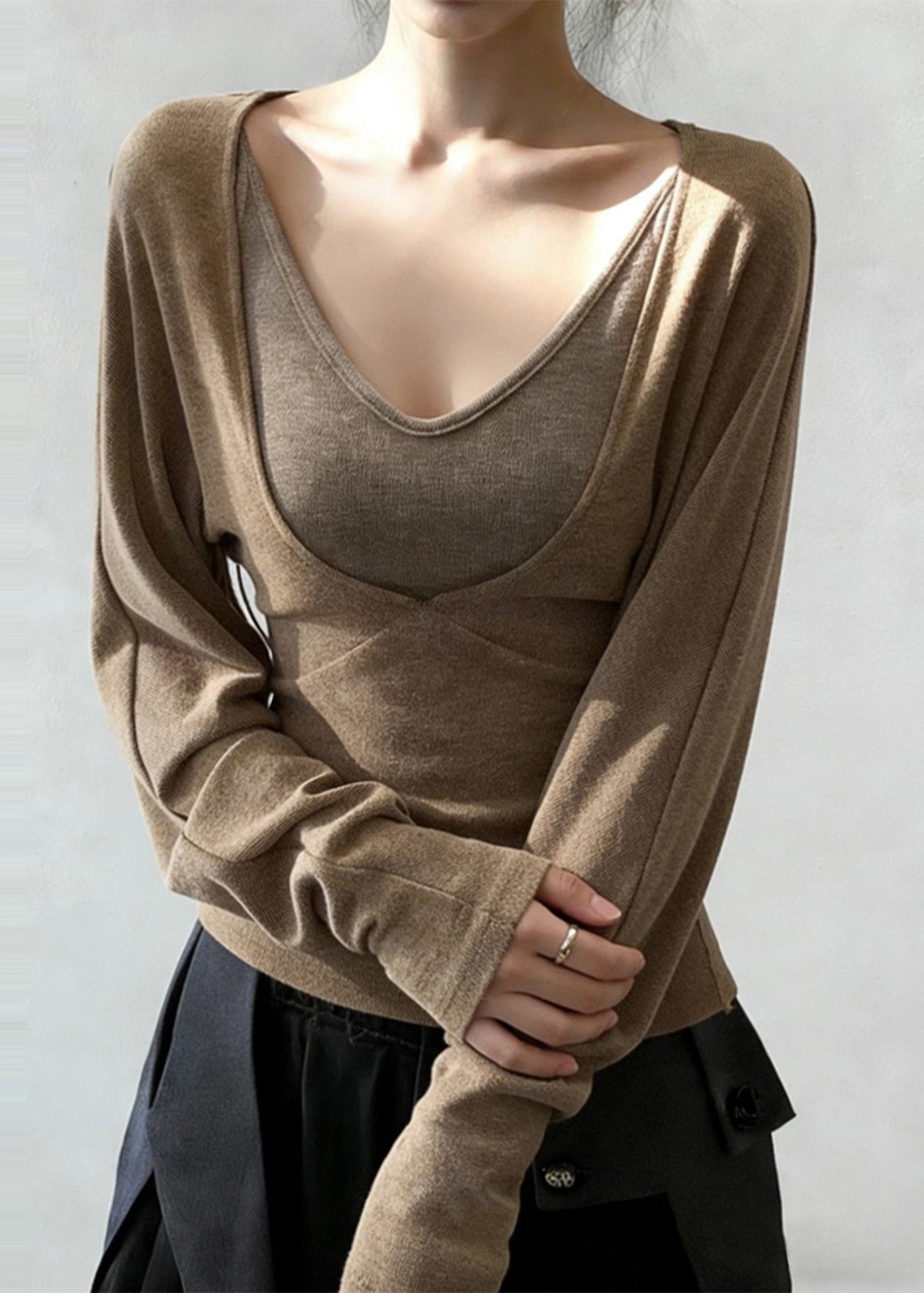 Boho Khaki V Neck Patchwork Cotton Shirt Tops Spring