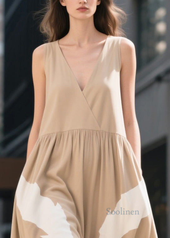 Boho Khaki V Neck Print Cotton Ankle Dress Summer