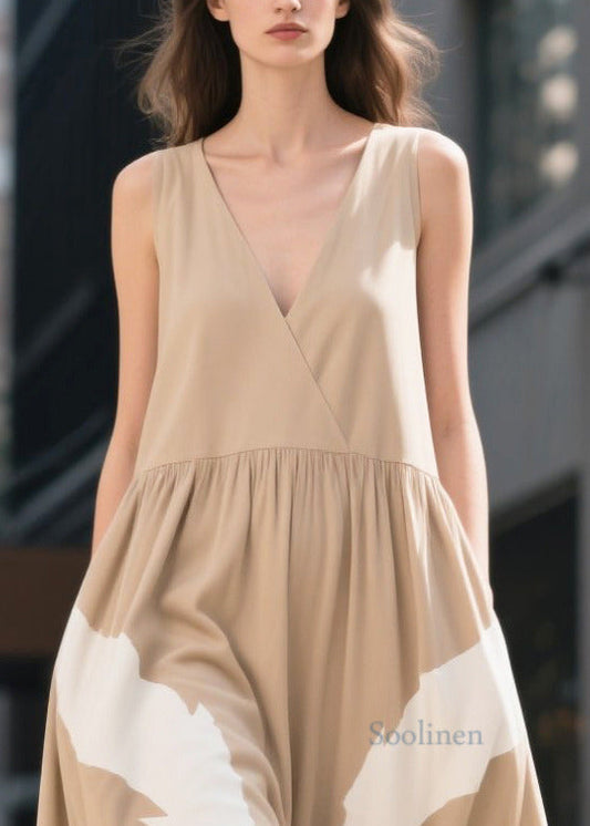 Boho Khaki V Neck Print Cotton Ankle Dress Summer