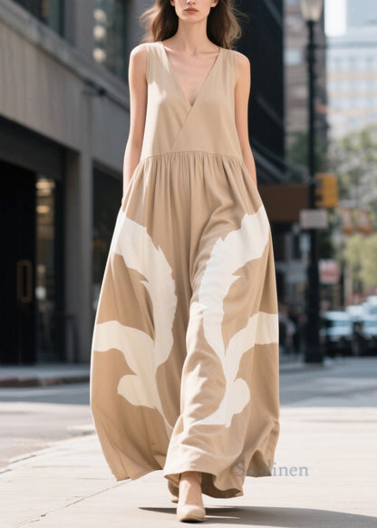 Boho Khaki V Neck Print Cotton Ankle Dress Summer