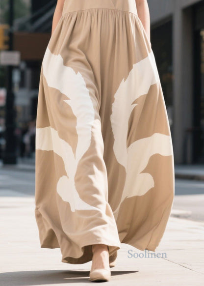 Boho Khaki V Neck Print Cotton Ankle Dress Summer