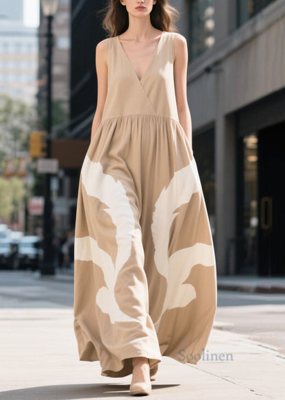 Boho Khaki V Neck Print Cotton Ankle Dress Summer