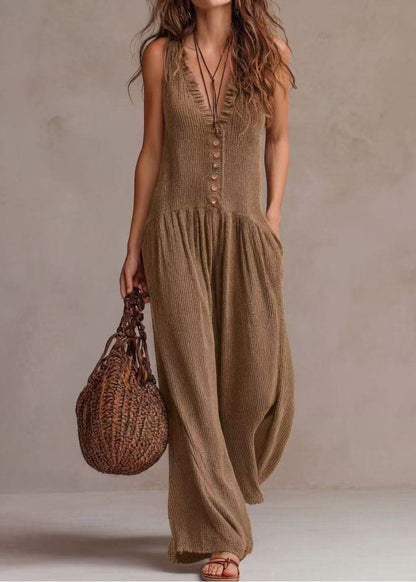 Boho Khaki V Neck Ruffled Wide Leg Jumpsuits Sleeveless