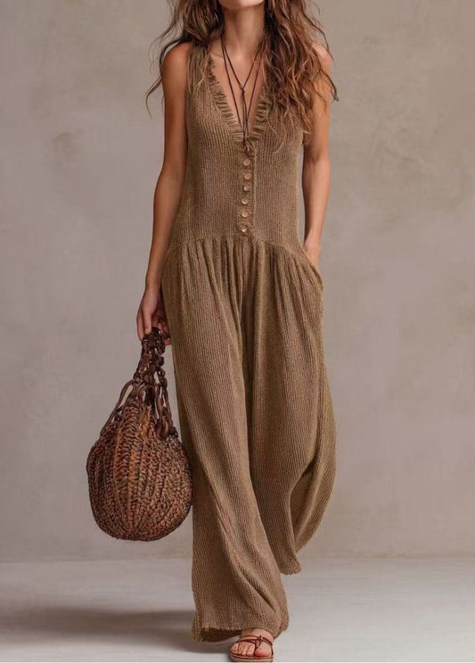 Boho Khaki V Neck Ruffled Wide Leg Jumpsuits Sleeveless
