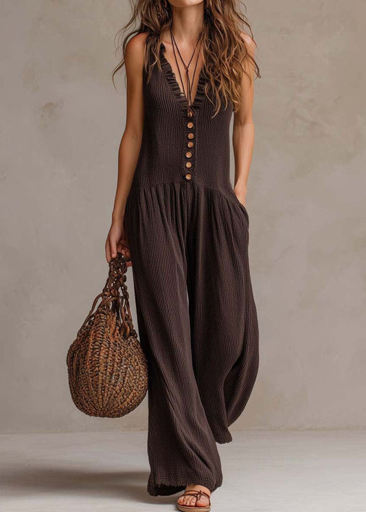 Boho Khaki V Neck Ruffled Wide Leg Jumpsuits Sleeveless