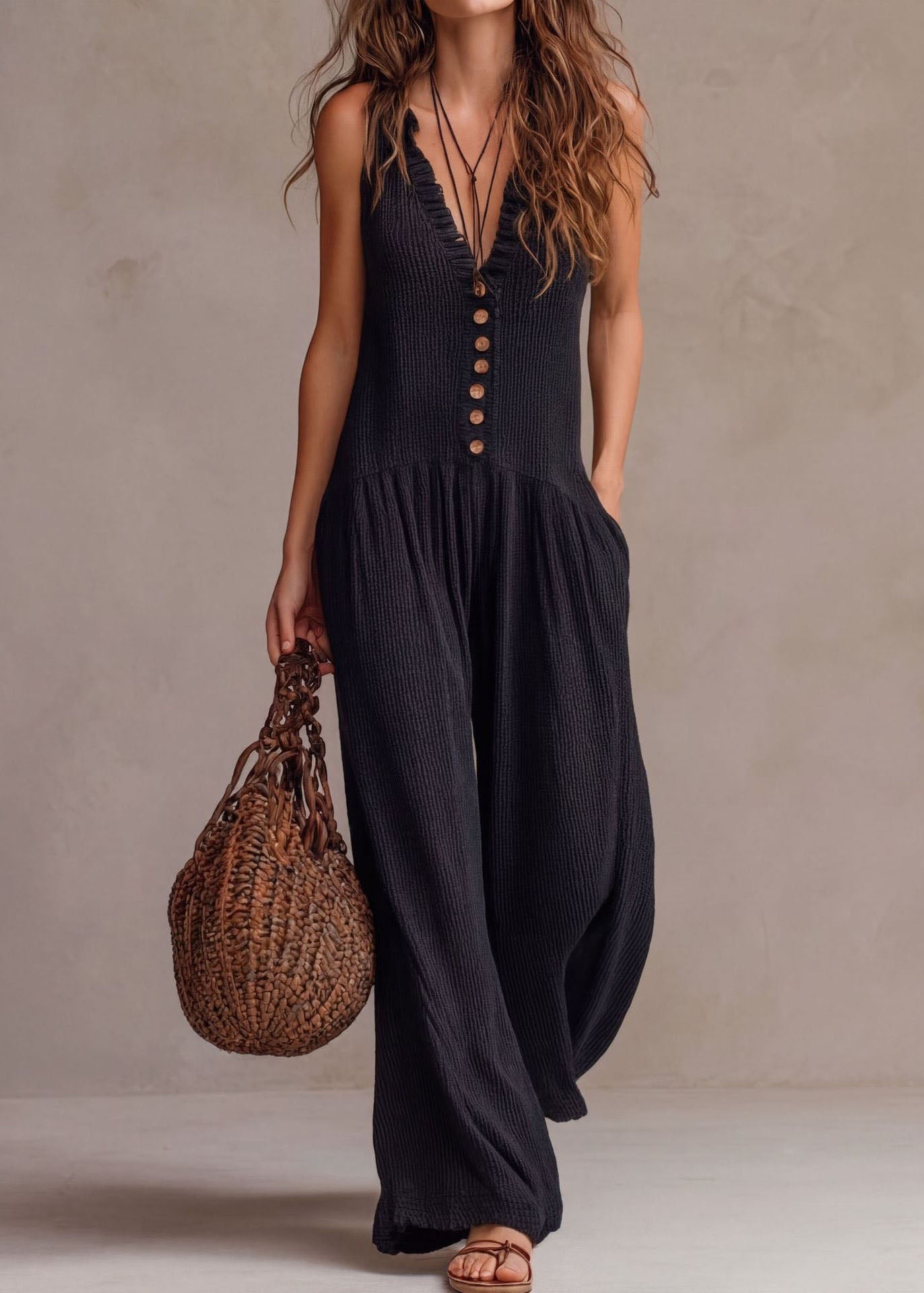 Boho Khaki V Neck Ruffled Wide Leg Jumpsuits Sleeveless