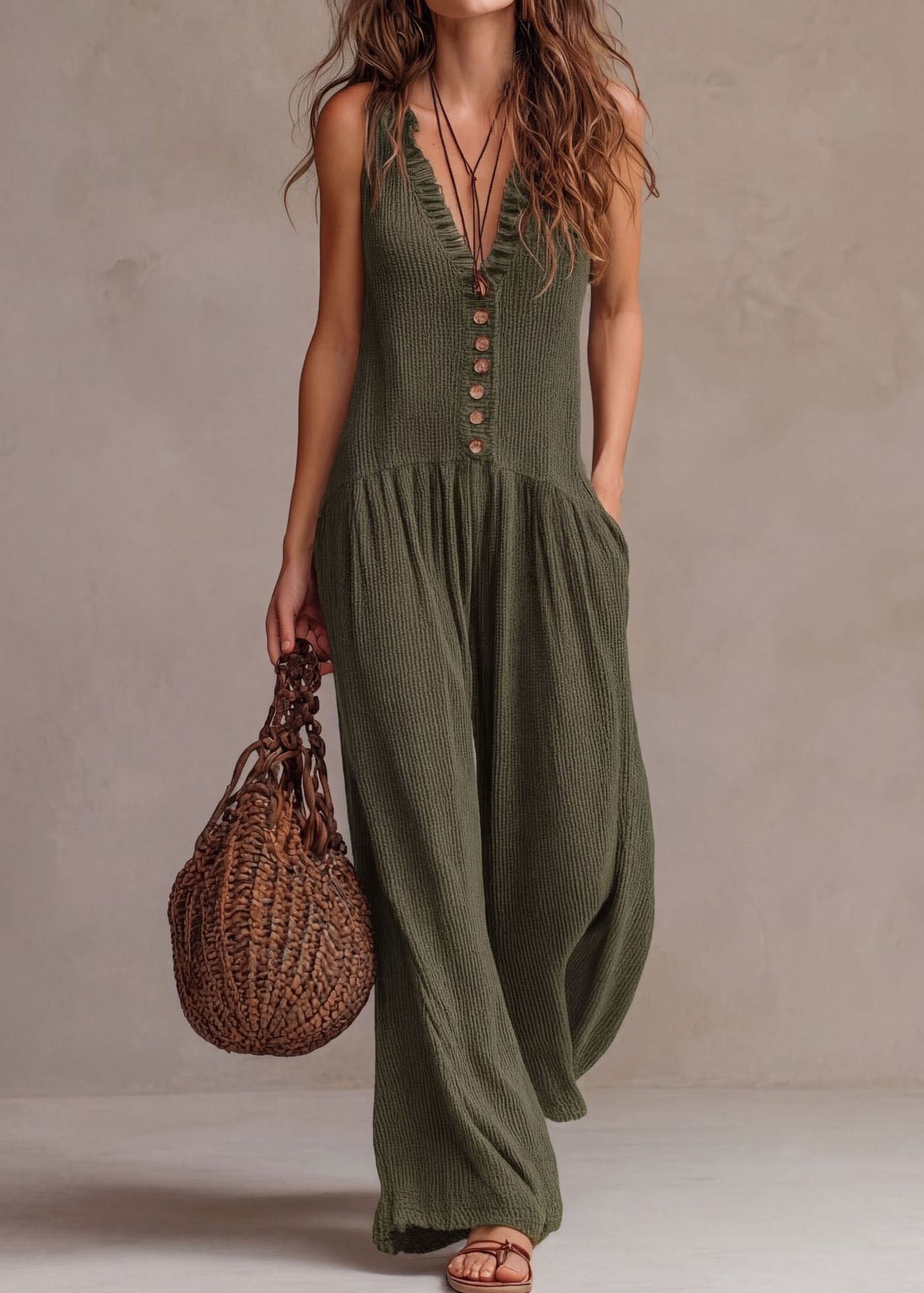 Boho Khaki V Neck Ruffled Wide Leg Jumpsuits Sleeveless
