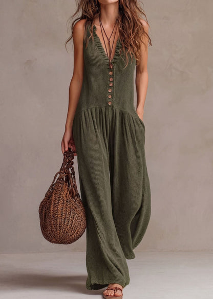 Boho Khaki V Neck Ruffled Wide Leg Jumpsuits Sleeveless