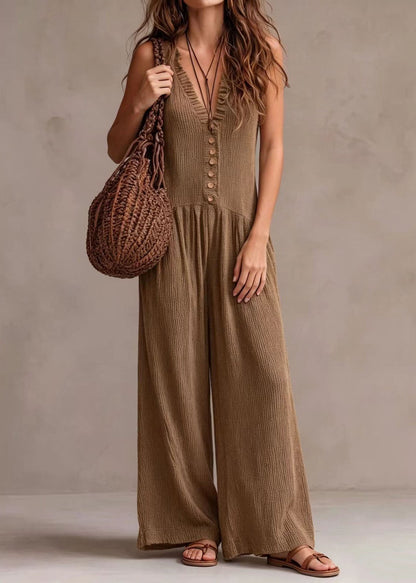 Boho Khaki V Neck Ruffled Wide Leg Jumpsuits Sleeveless