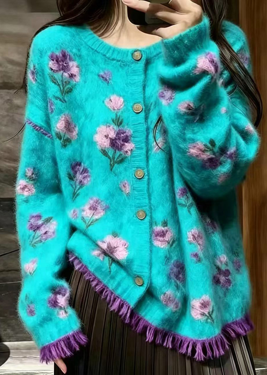 Boho Lake Green Floral Mink Hair Knitted Cardigan Fall