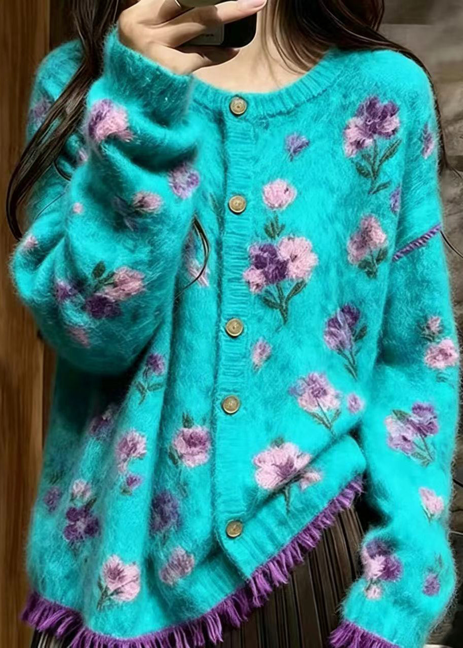 Boho Lake Green Floral Mink Hair Knitted Cardigan Fall