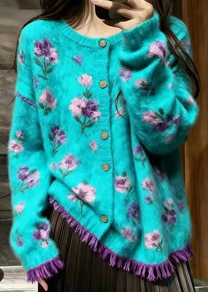 Boho Lake Green Floral Mink Hair Knitted Cardigan Fall